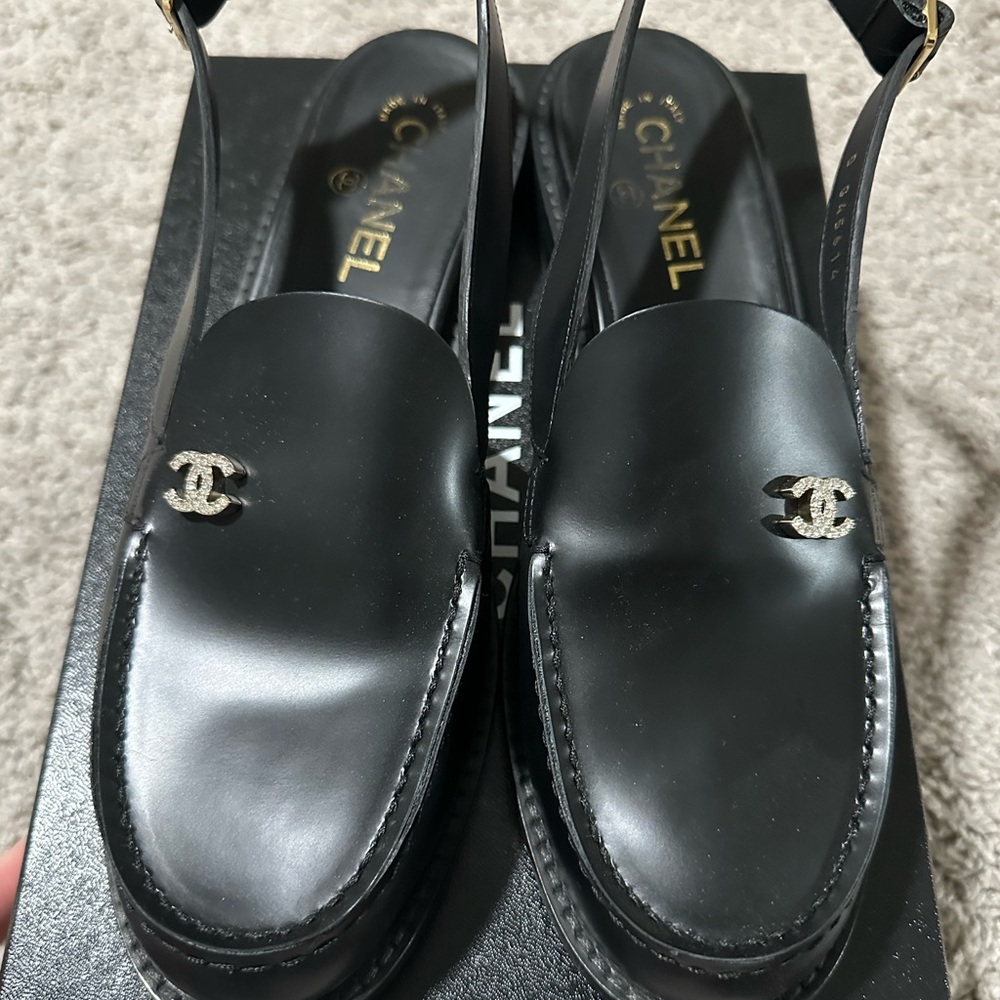 CHANEL Black Leather Slingbacks
